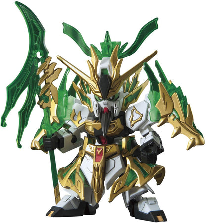 Ornate SD mecha figure in white, gold and translucent green armor holding a massive polearm