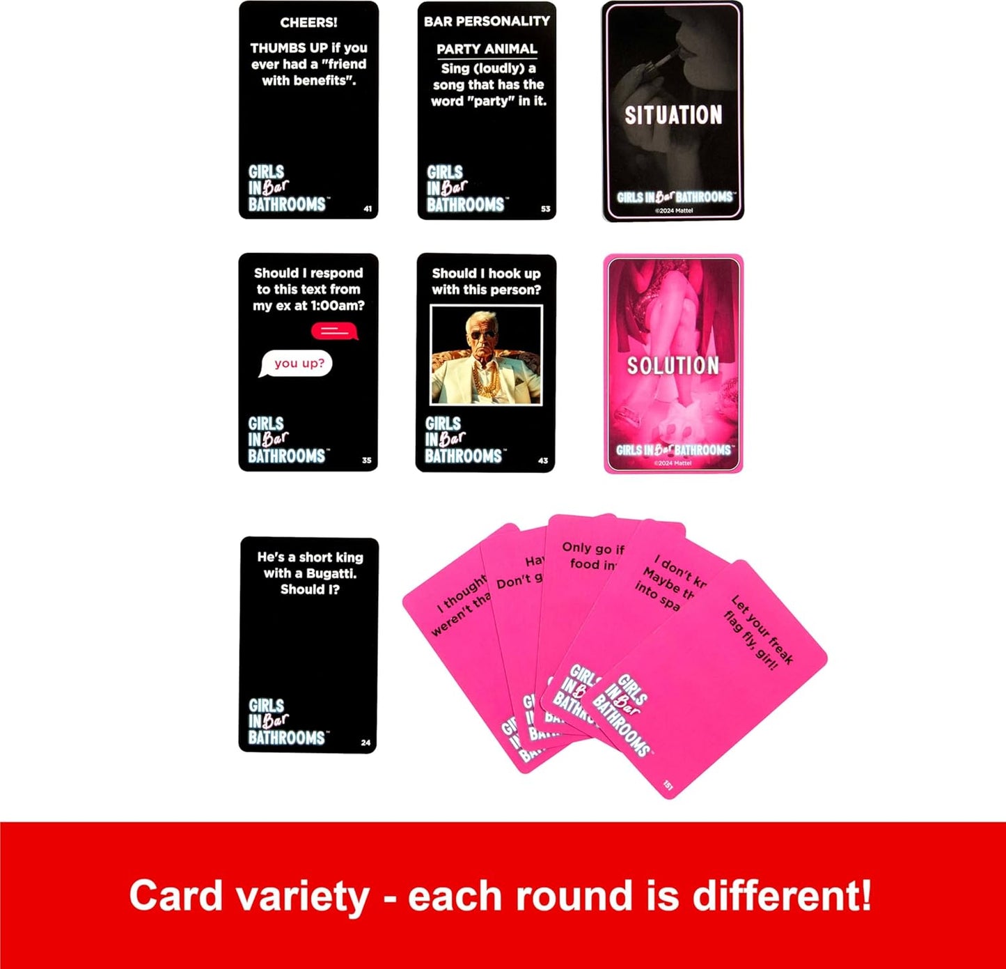 Black and pink playing cards for the adult party game "Girls in Bar Bathrooms," showing various prompts