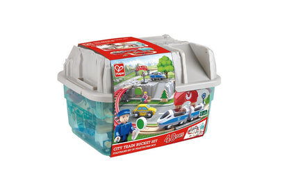 Hape City Train Bucket Set (48 pieces) in plastic packaging, showing a toy train, tracks, and figures