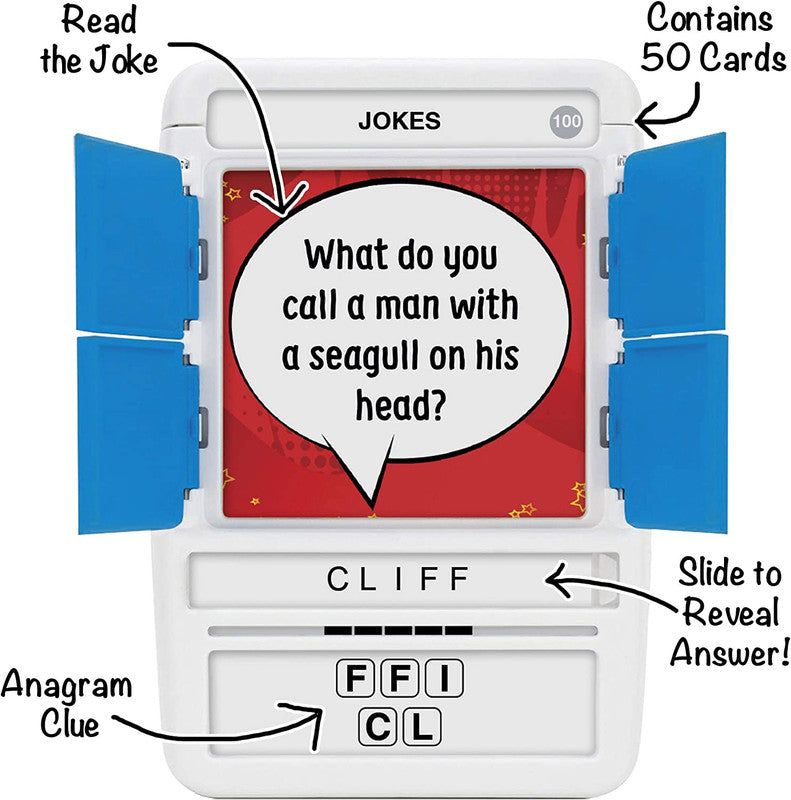 White plastic toy with hinged blue doors featuring a card with a joke riddle and letters below includes anagram clue and contains 50 cards
