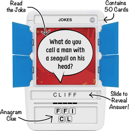 White plastic toy with hinged blue doors featuring a card with a joke riddle and letters below includes anagram clue and contains 50 cards