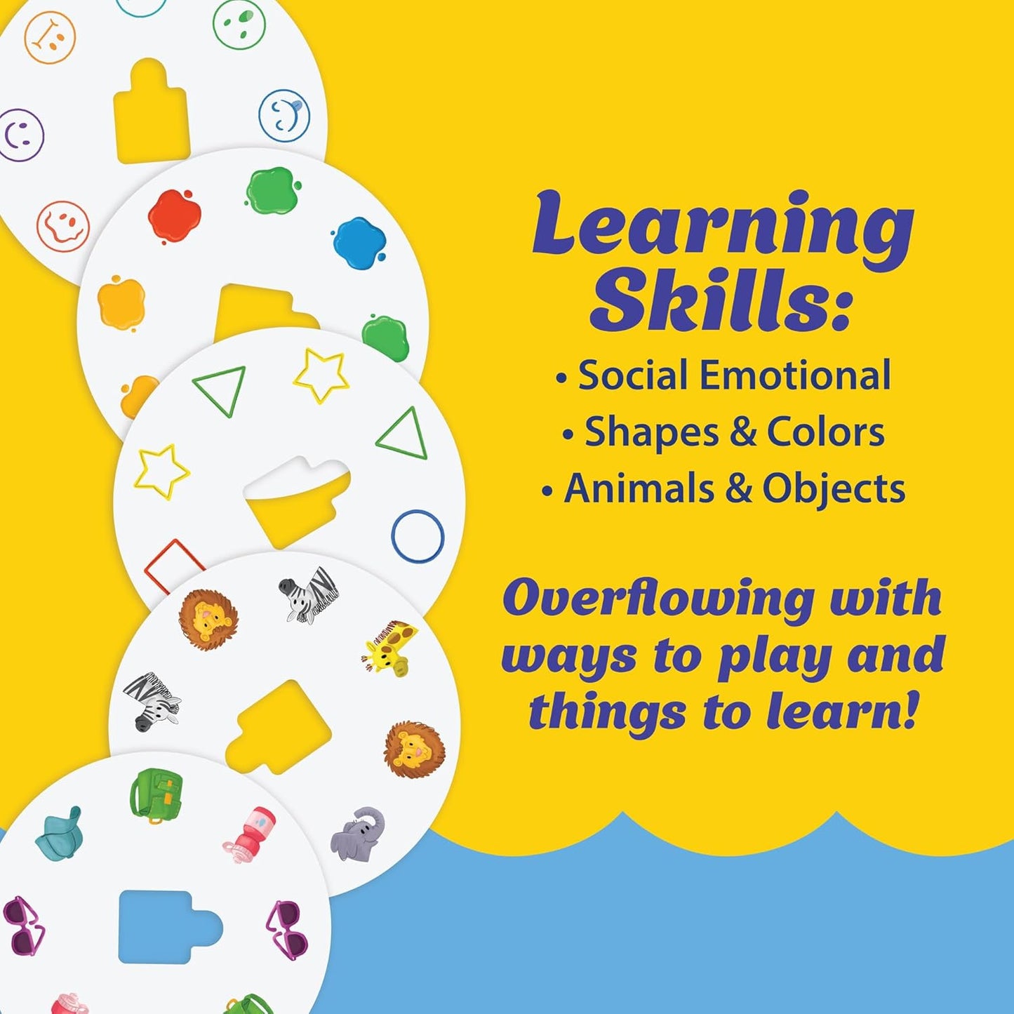 Circular game cards showing objects, animals, shapes, and emojis, detailing learning skills: Social Emotional, Shapes & Colors