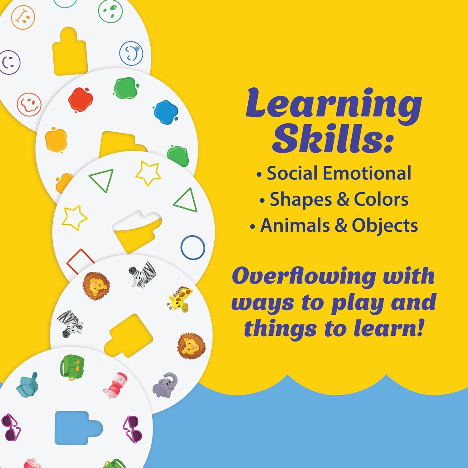 Circular game cards showing objects, animals, shapes, and emojis, detailing learning skills: Social Emotional, Shapes & Colors