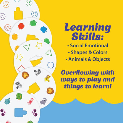 Circular game cards showing objects, animals, shapes, and emojis, detailing learning skills: Social Emotional, Shapes & Colors