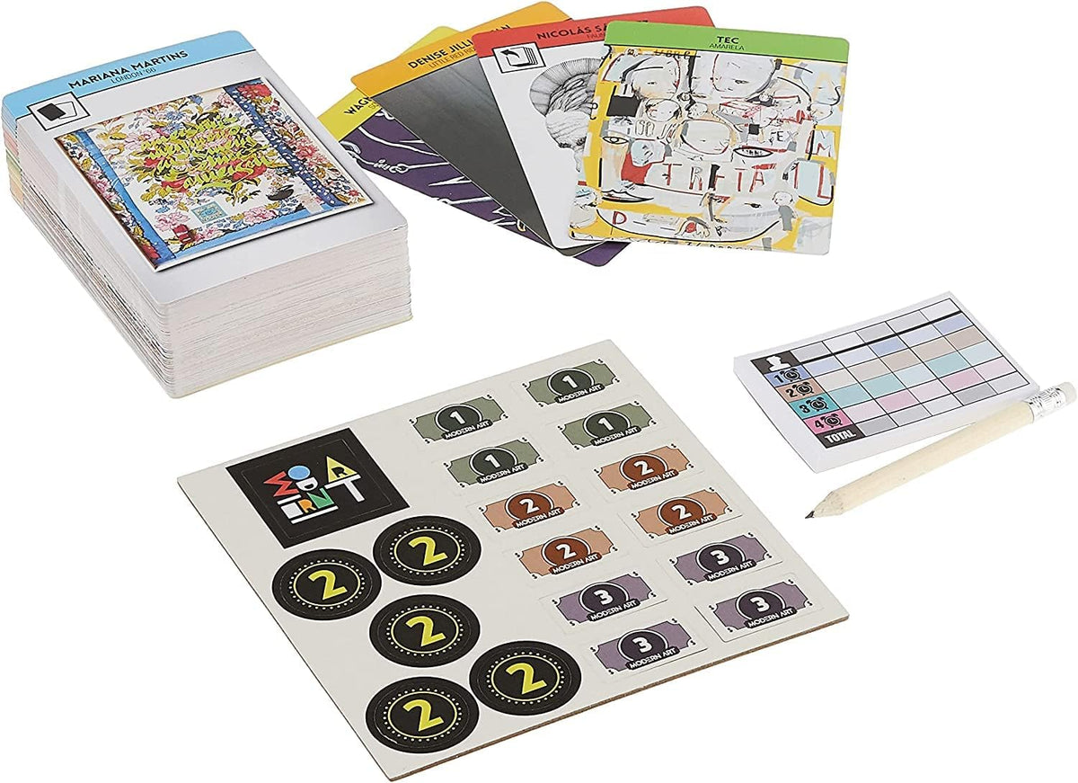 Board game components including a stack of game cards featuring diverse artworks player scoring sheet, pencil and punch-out tokens