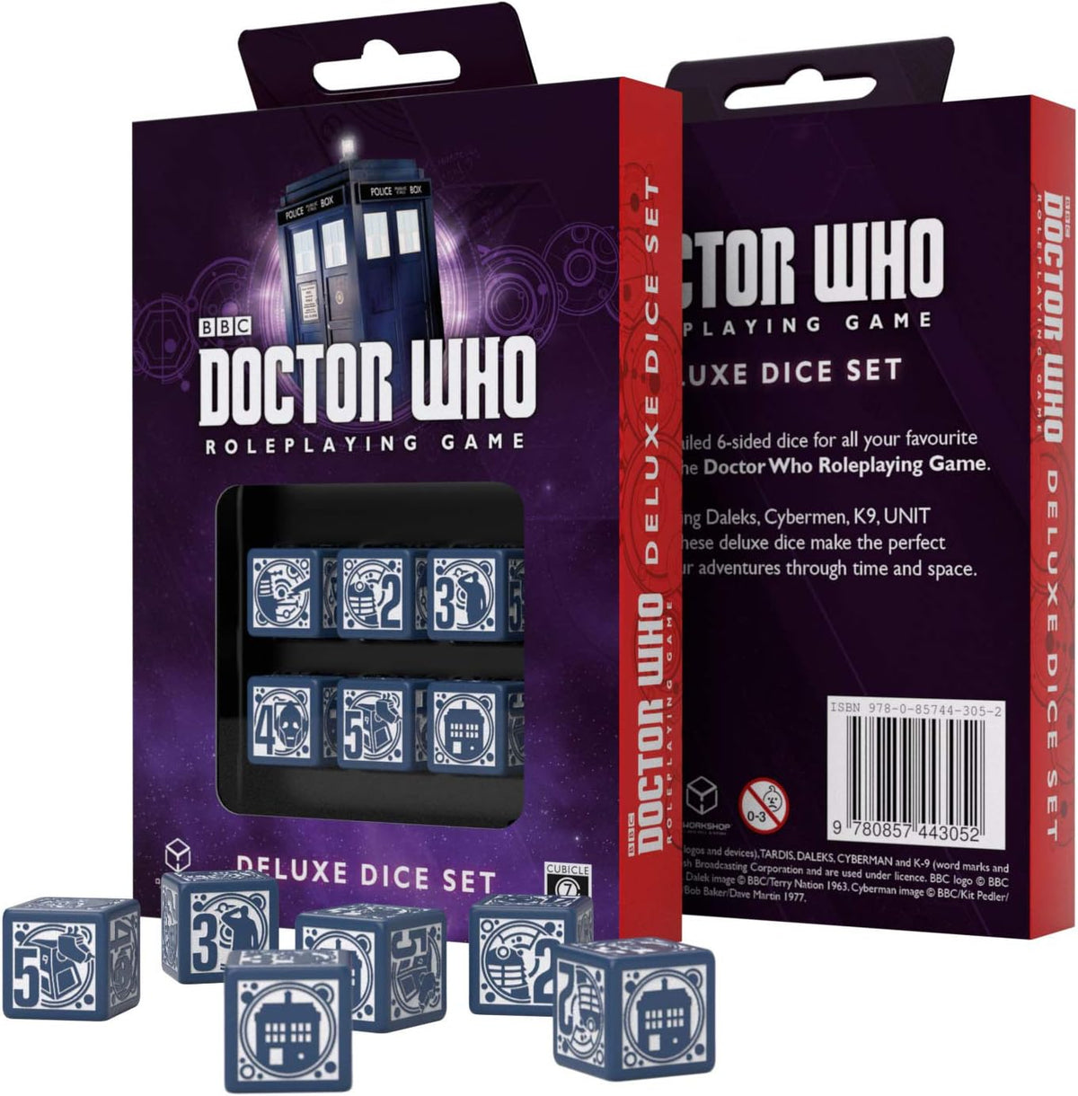 Doctor Who RPG Deluxe Dice Set box with TARDIS on front, and blue dice with TARDIS, Dalek, K9, Cyberman symbols