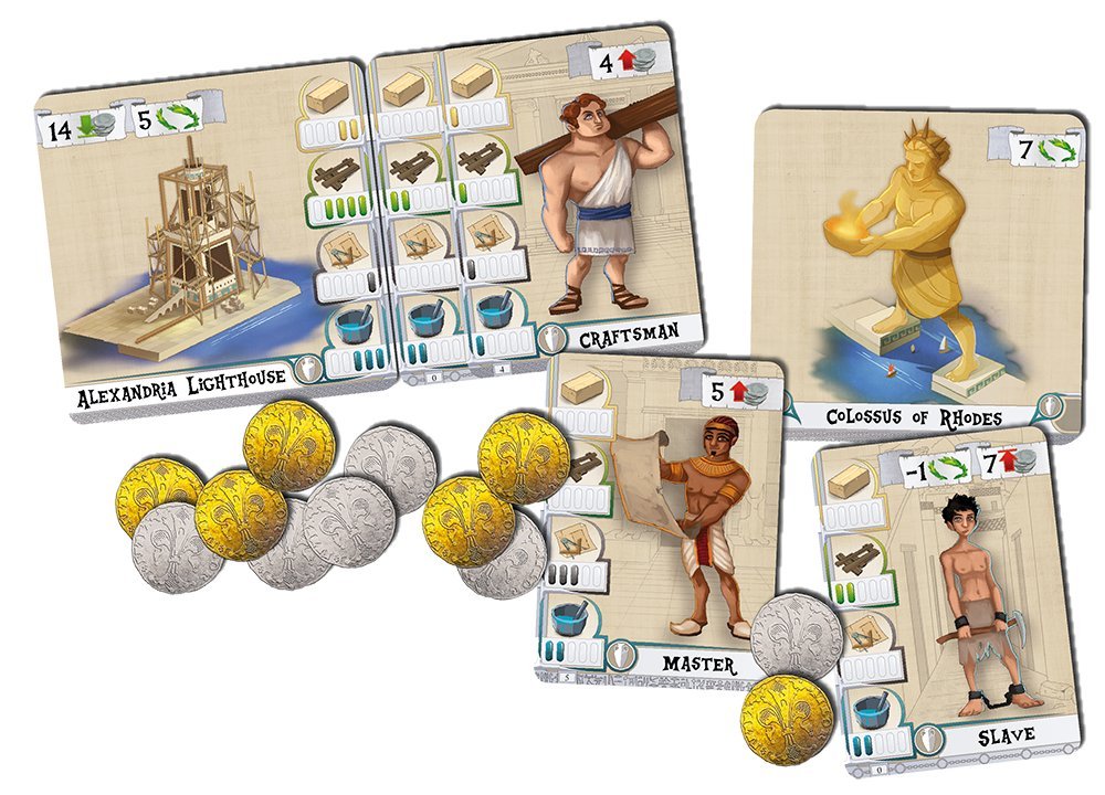 Tabletop game cards featuring ancient wonders (Lighthouse, Colossus) and workers (Craftsman, Master, Slave), with gold and silver coins