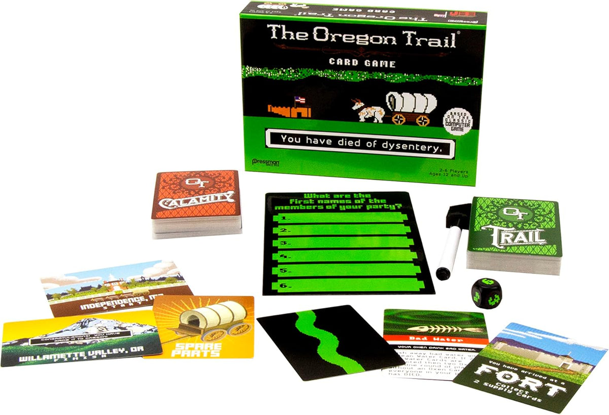 Close-up of cards and dice from Goliath The Oregon Trail Card Game