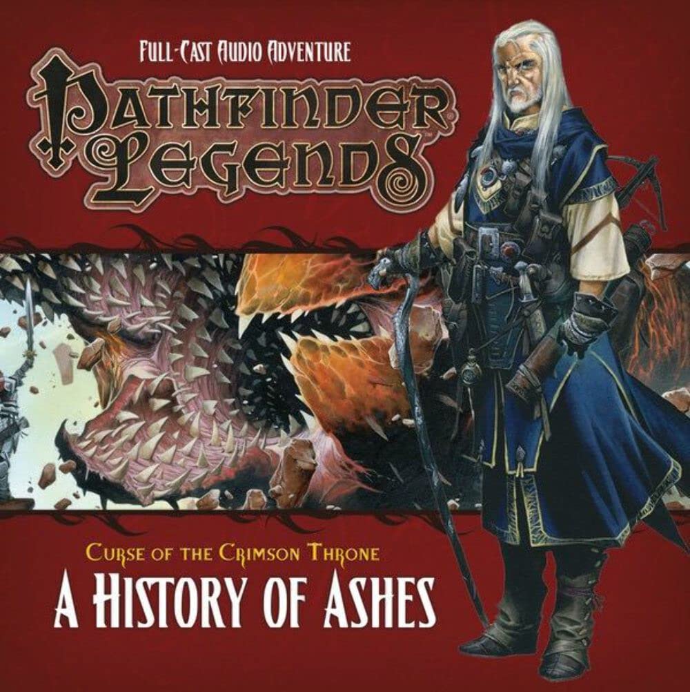 A white-haired man in blue robes with a staff stands stoically before a monstrous red creature with many sharp teeth.