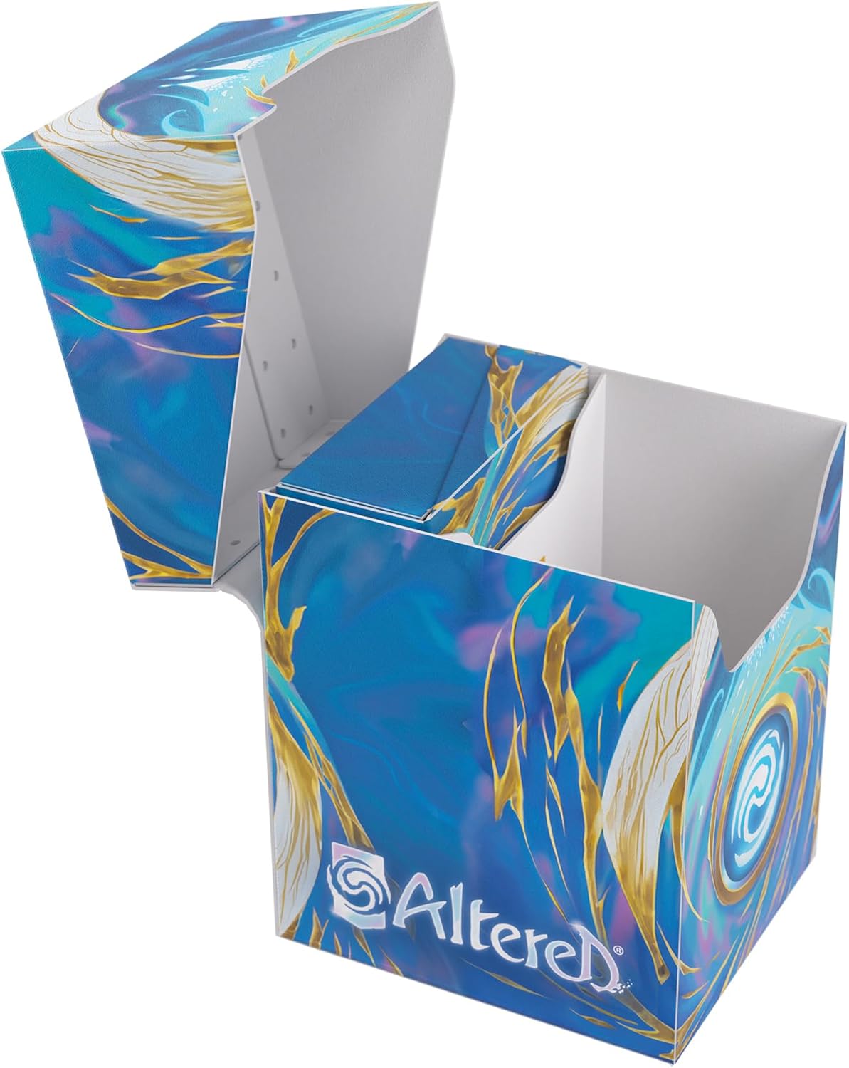 Open, compartmentalized blue and gold "Altered" card game deck box with abstract swirl art