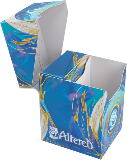 Open, compartmentalized blue and gold "Altered" card game deck box with abstract swirl art