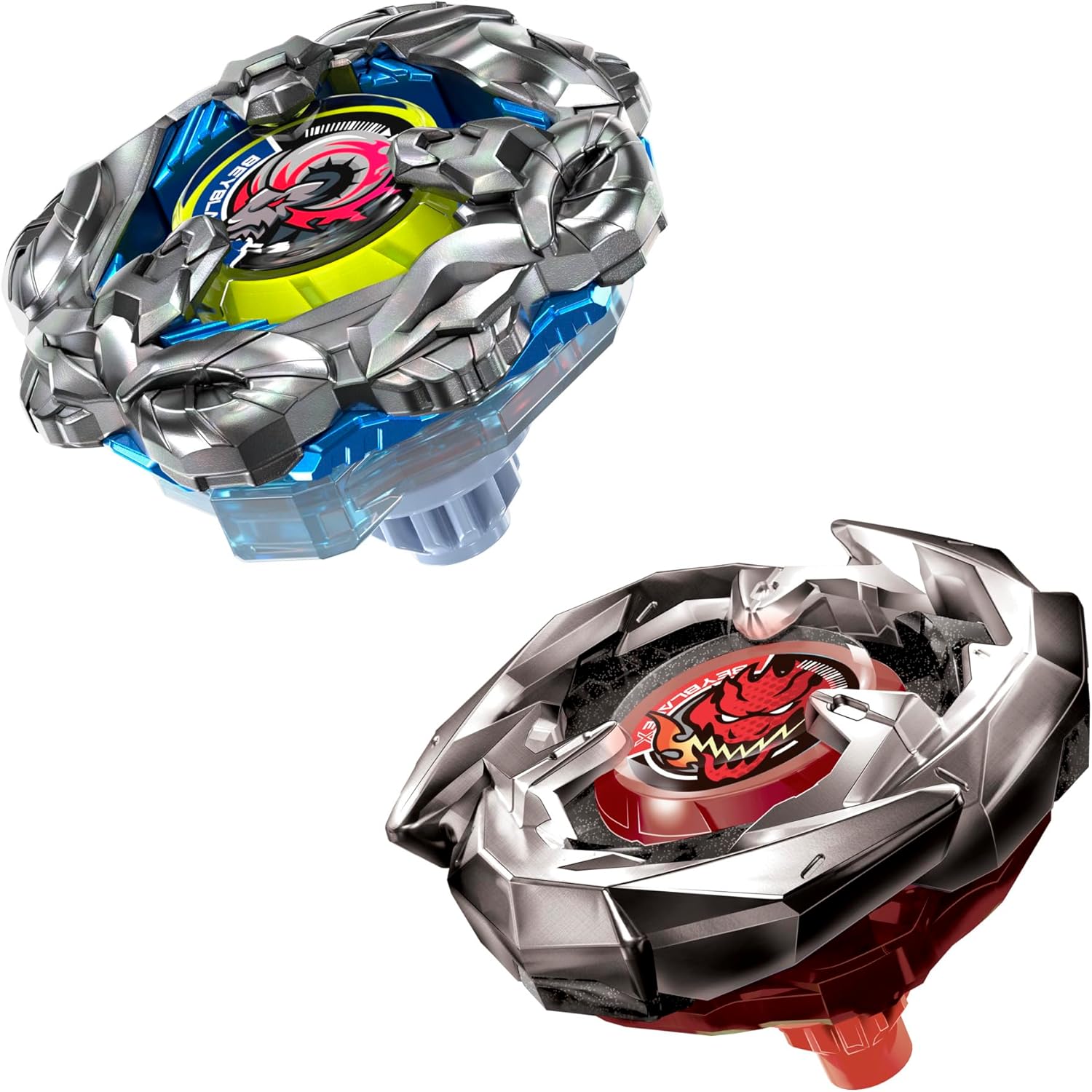 Two detailed, dragon-themed Beyblade battle tops; one blue/silver/yellow and one red/silver
