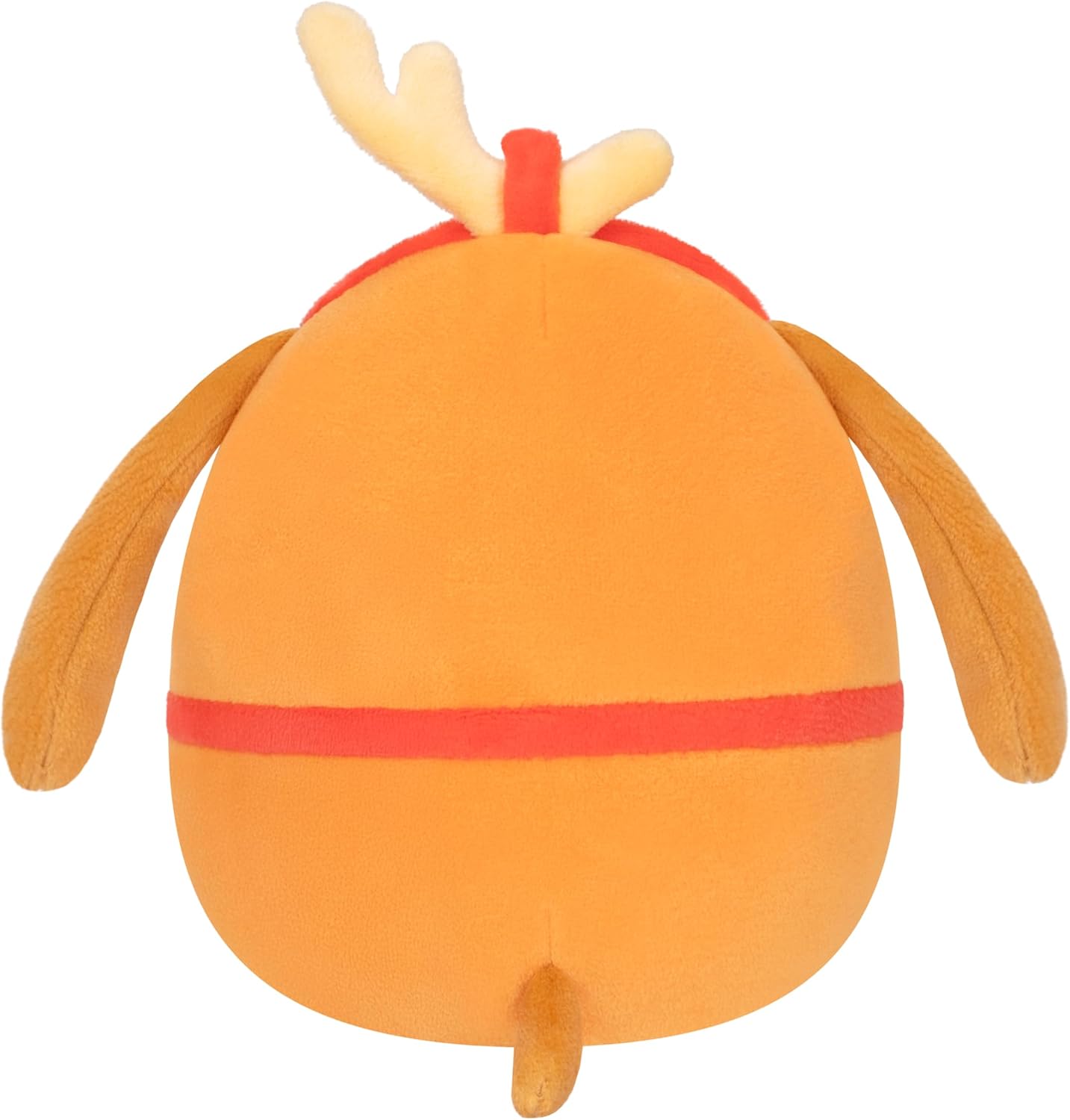 Orange round plush toy with white antlers, thin arms and red stripes, viewed from the back