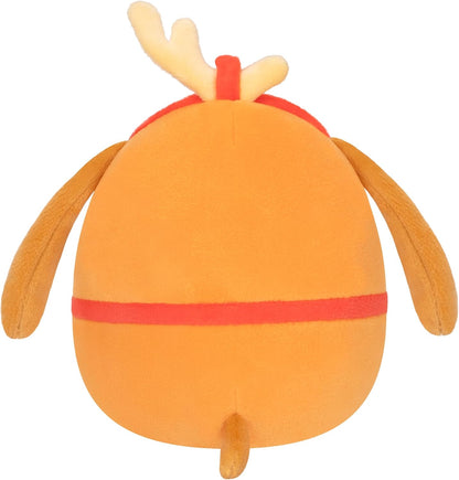 Orange round plush toy with white antlers, thin arms and red stripes, viewed from the back