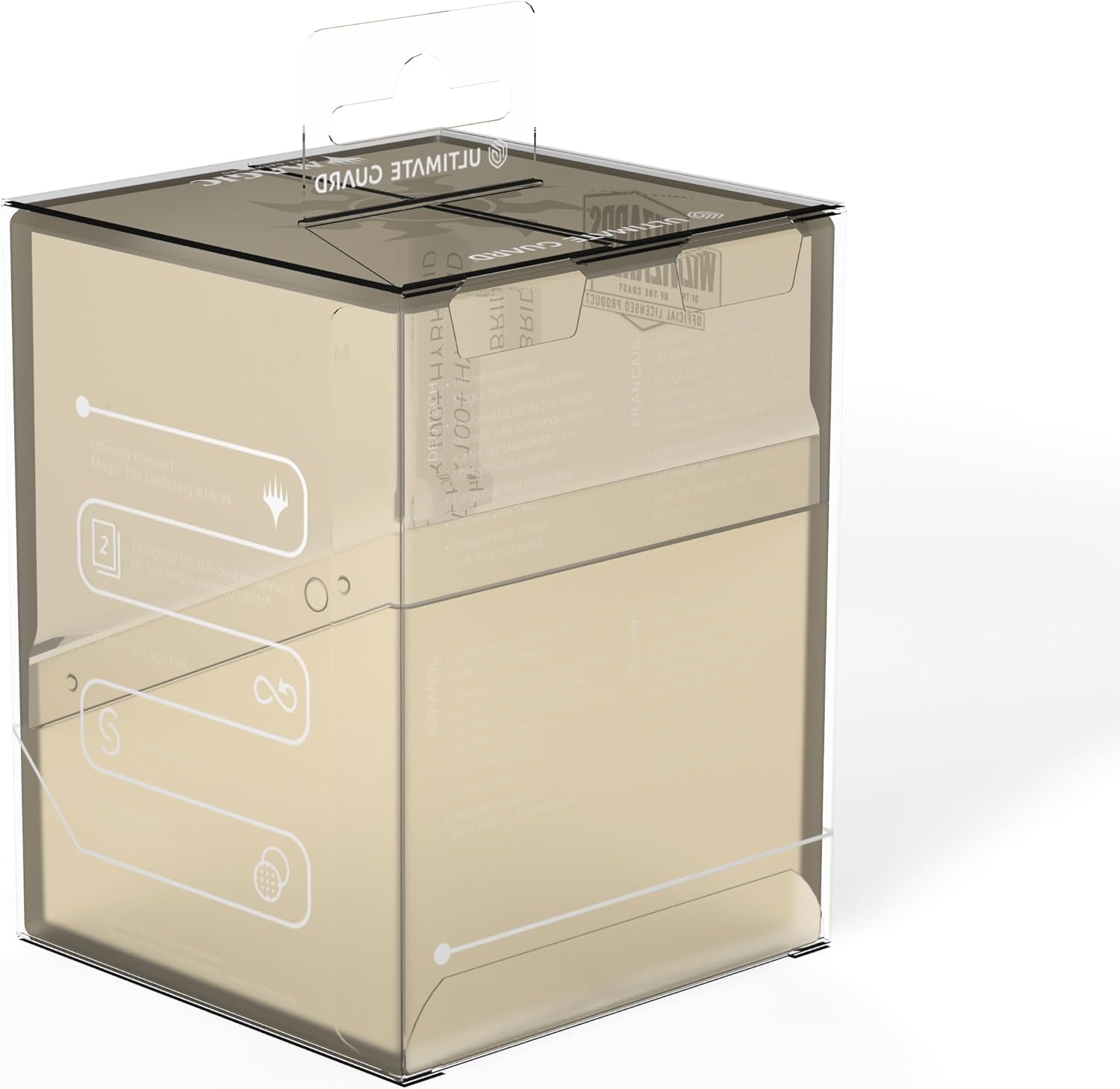 Transparent plastic Ultimate Guard Deck Box Boulder 100+ with a slight brown tint, featuring a retail hanging tab