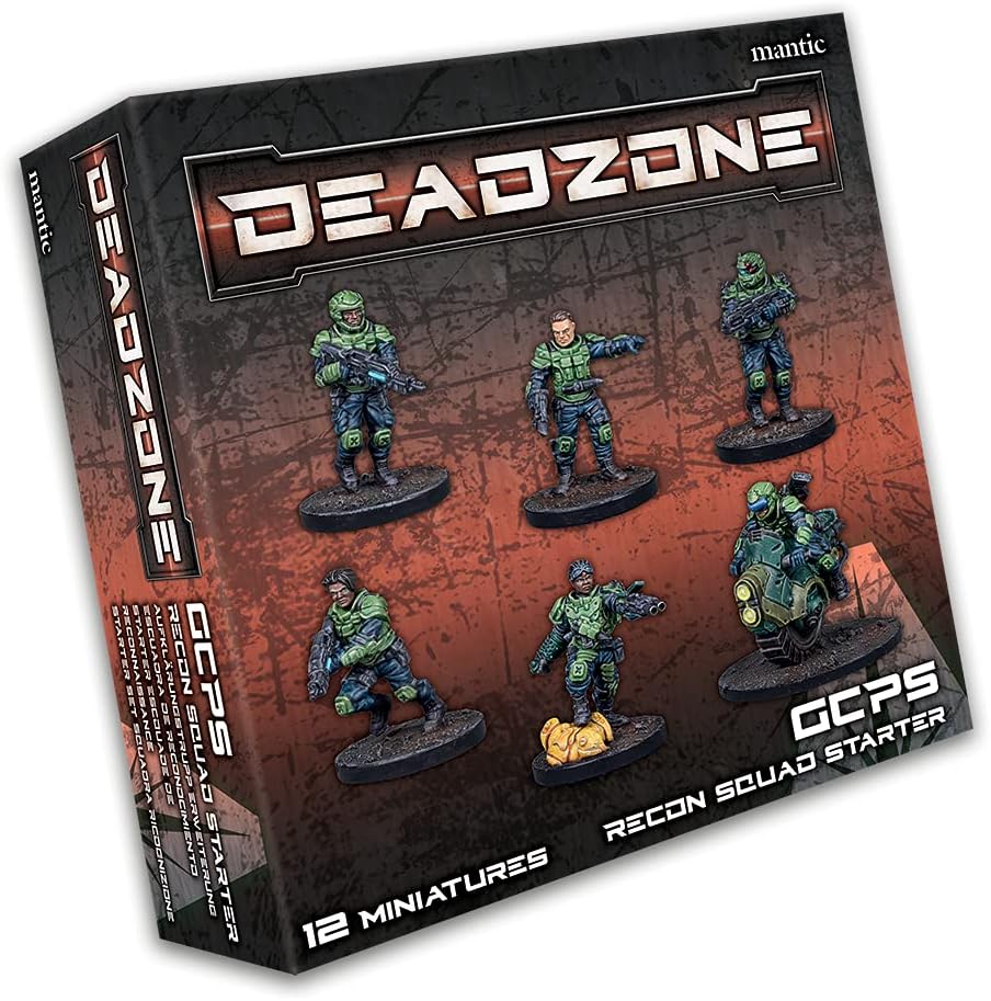 Deadzone GCPS Recon Squad Starter box showing six detailed futuristic soldier miniatures, including one on a hoverbike