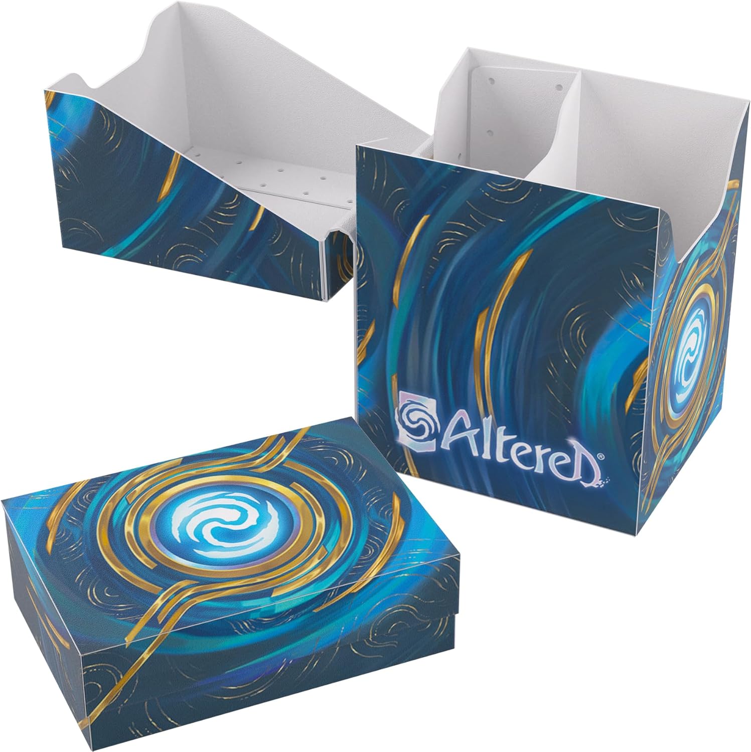 Altered TCG blue and gold card storage set, showing the open box, insert, and separate deck box