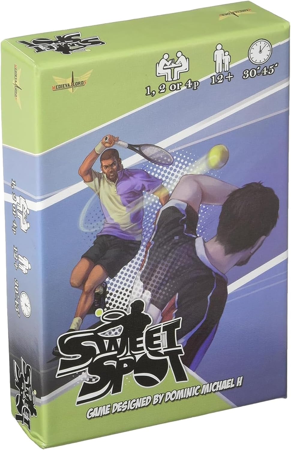 Sweet Spot game cover depicts two male tennis players on a court, one hitting a yellow ball, the other reacting. Game info included.