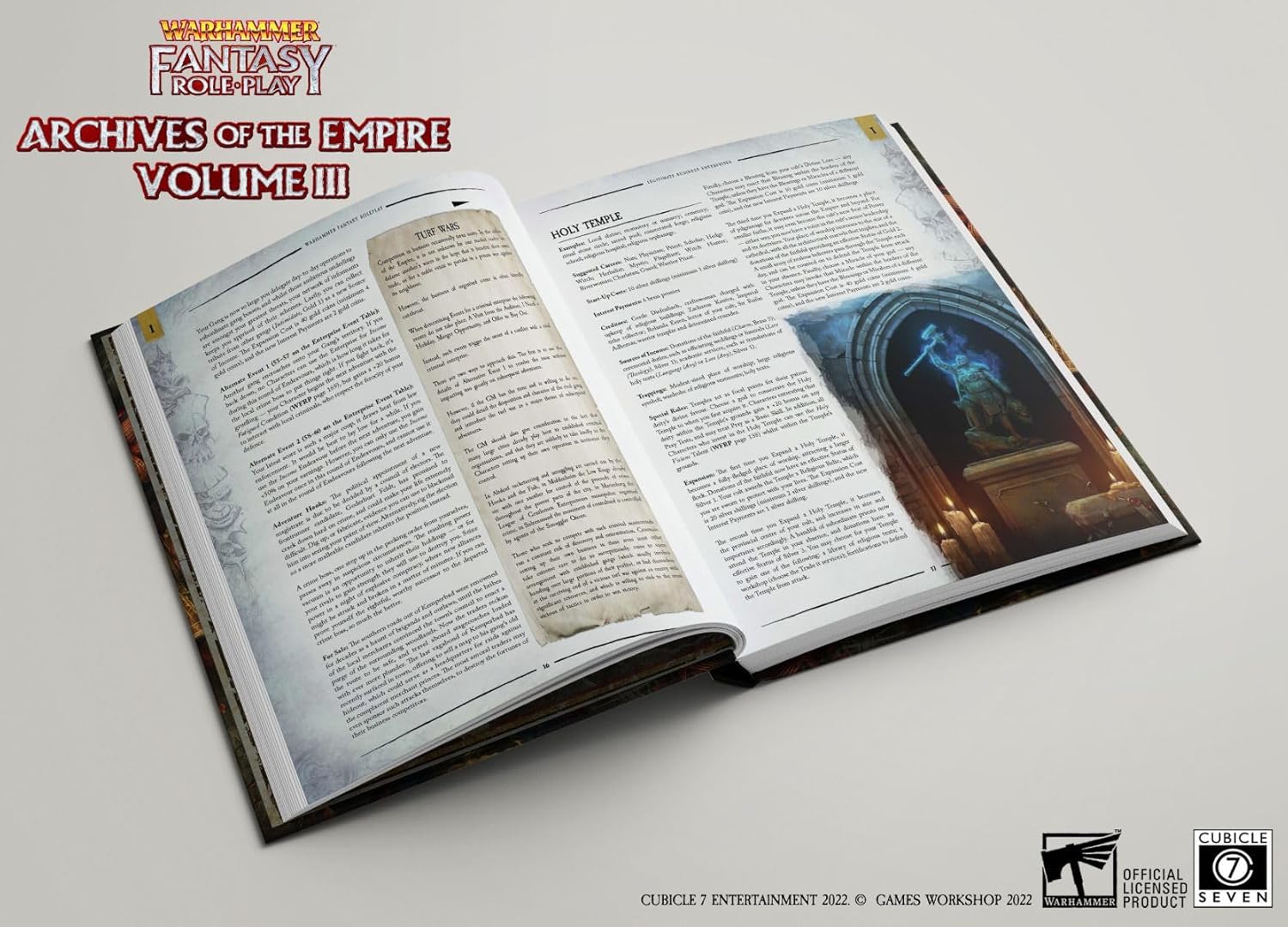 Page features "Holy Temple" and a glowing blue figure with a hammer in an archway