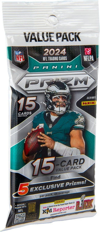 2024 Panini Prizm NFL Trading Cards Value Pack with Jalen Hurts on the cover containing 15 cards per pack and a chance to find 5 exclusive Prizms