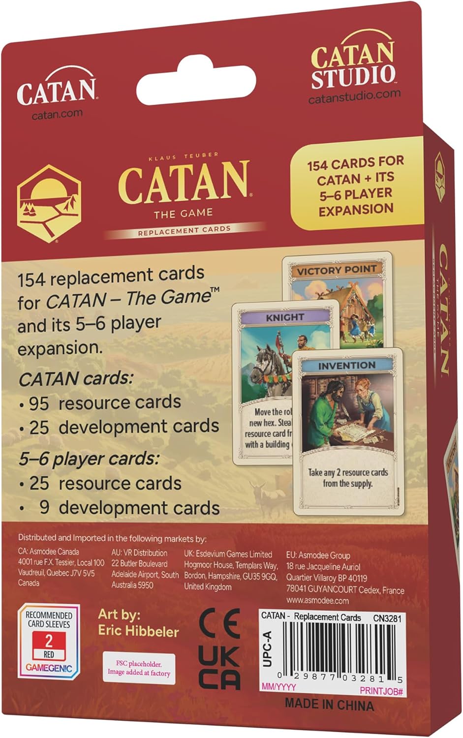 Packaging for Catan Replacement Cards (154 cards), showing contents list and three sample development cards