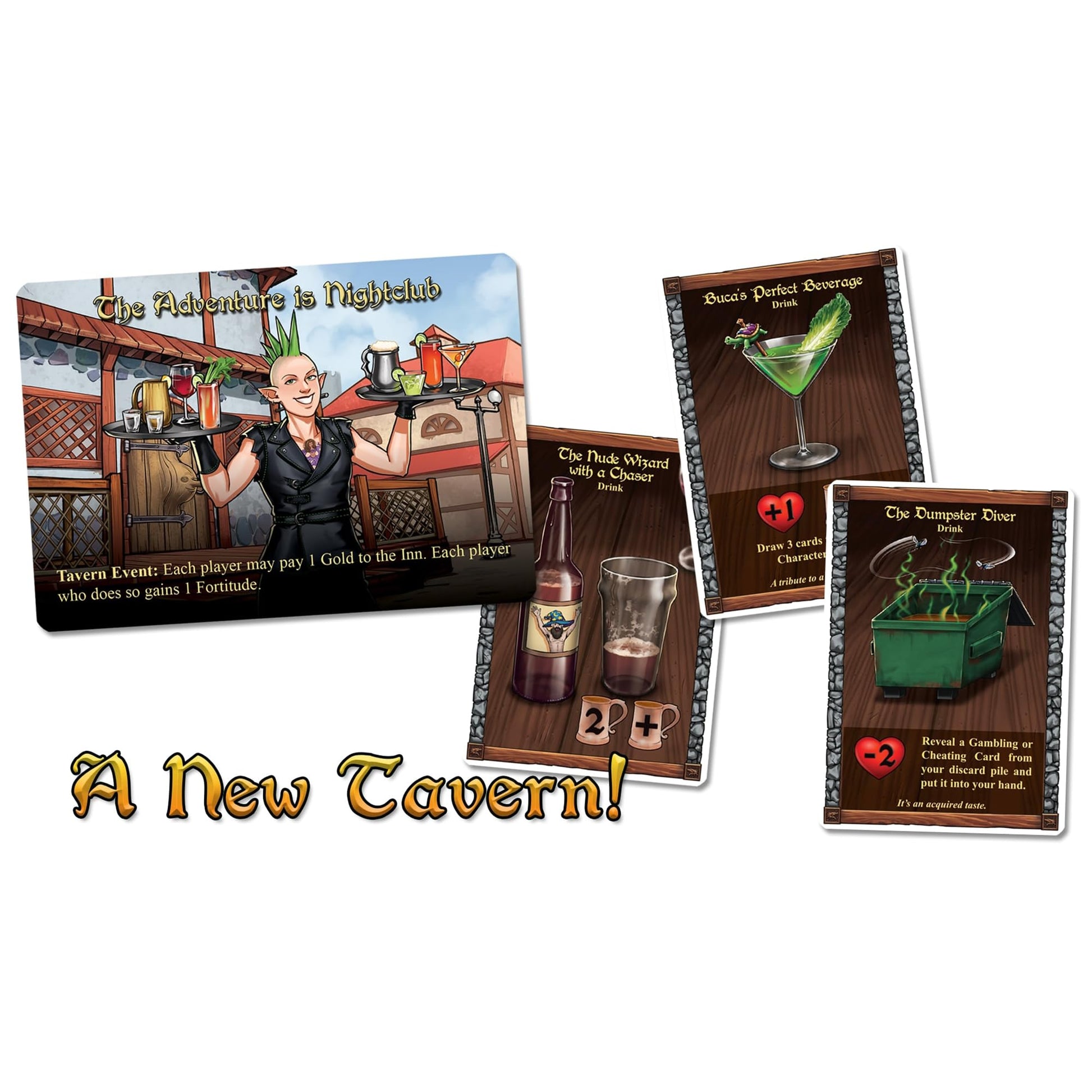 Fantasy game cards: A smiling elf bartender with a mohawk serves drinks on the "Adventure is Nightclub" card