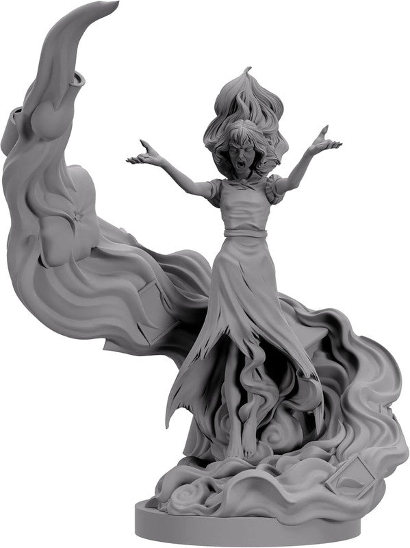 A grey miniature of a woman screaming, arms outstretched, with flowing hair and tattered dress, surrounded by swirling energy
