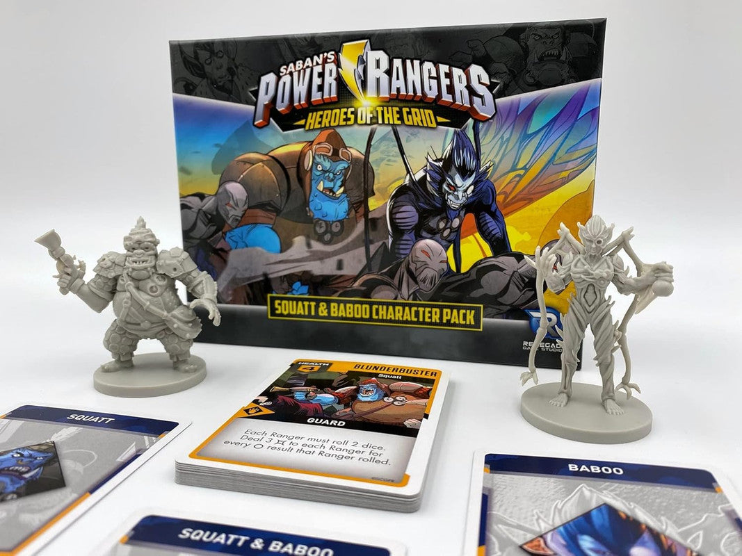 Saban&#39;s Power Rangers Heroes of the Grid Squatt Baboo Character Pack box with miniatures and game cards