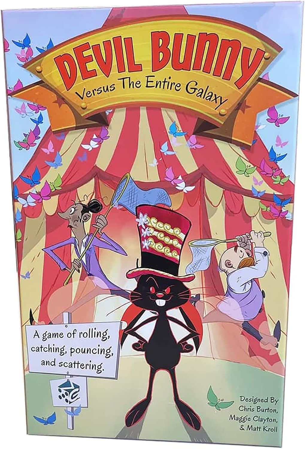 Game cover: 'DEVIL BUNNY,' a black rabbit in a top hat, chased by two people with nets under a circus tent with butterflies