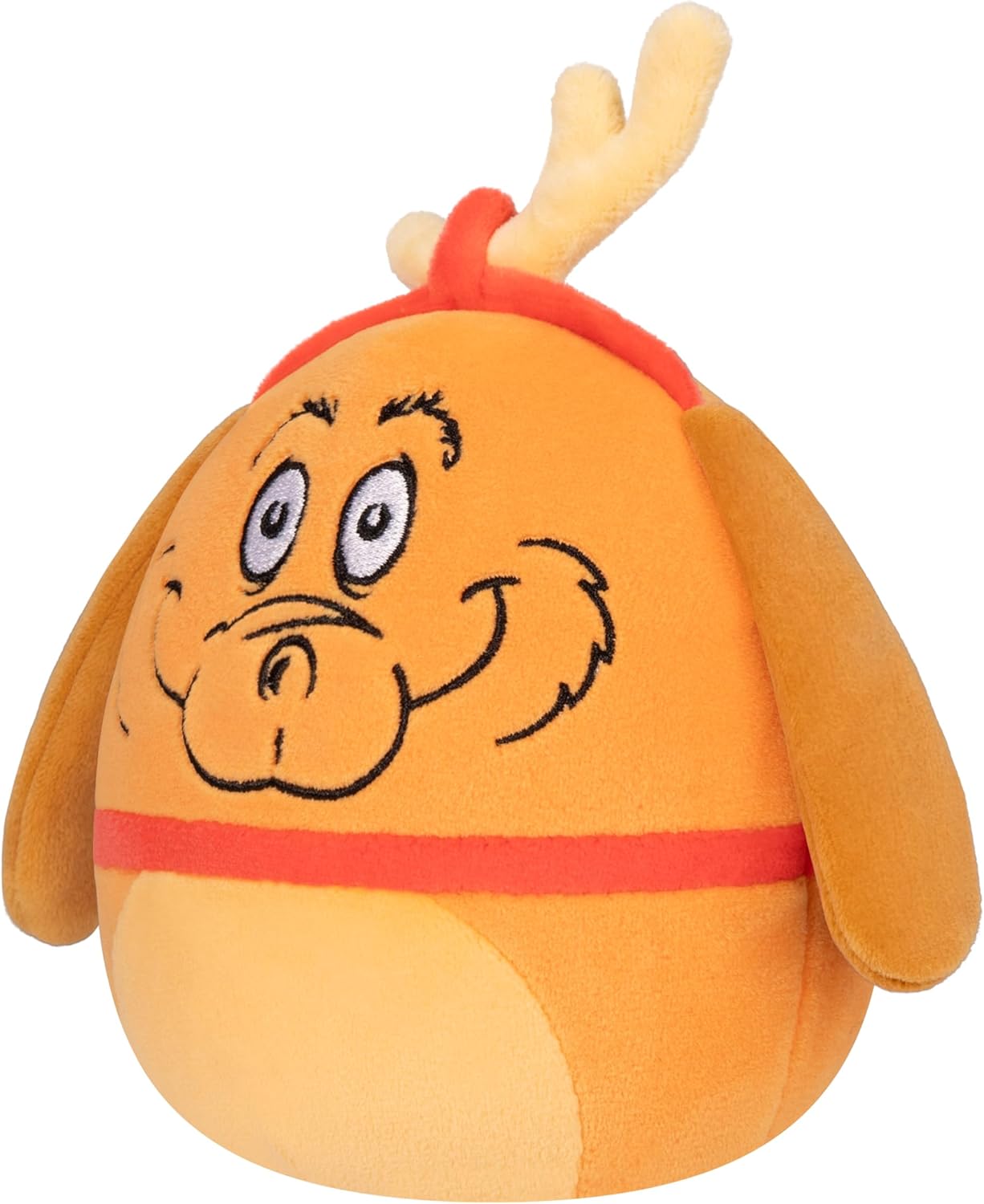 A round, orange Max the Dog plush toy wearing small yellow antlers on a white background