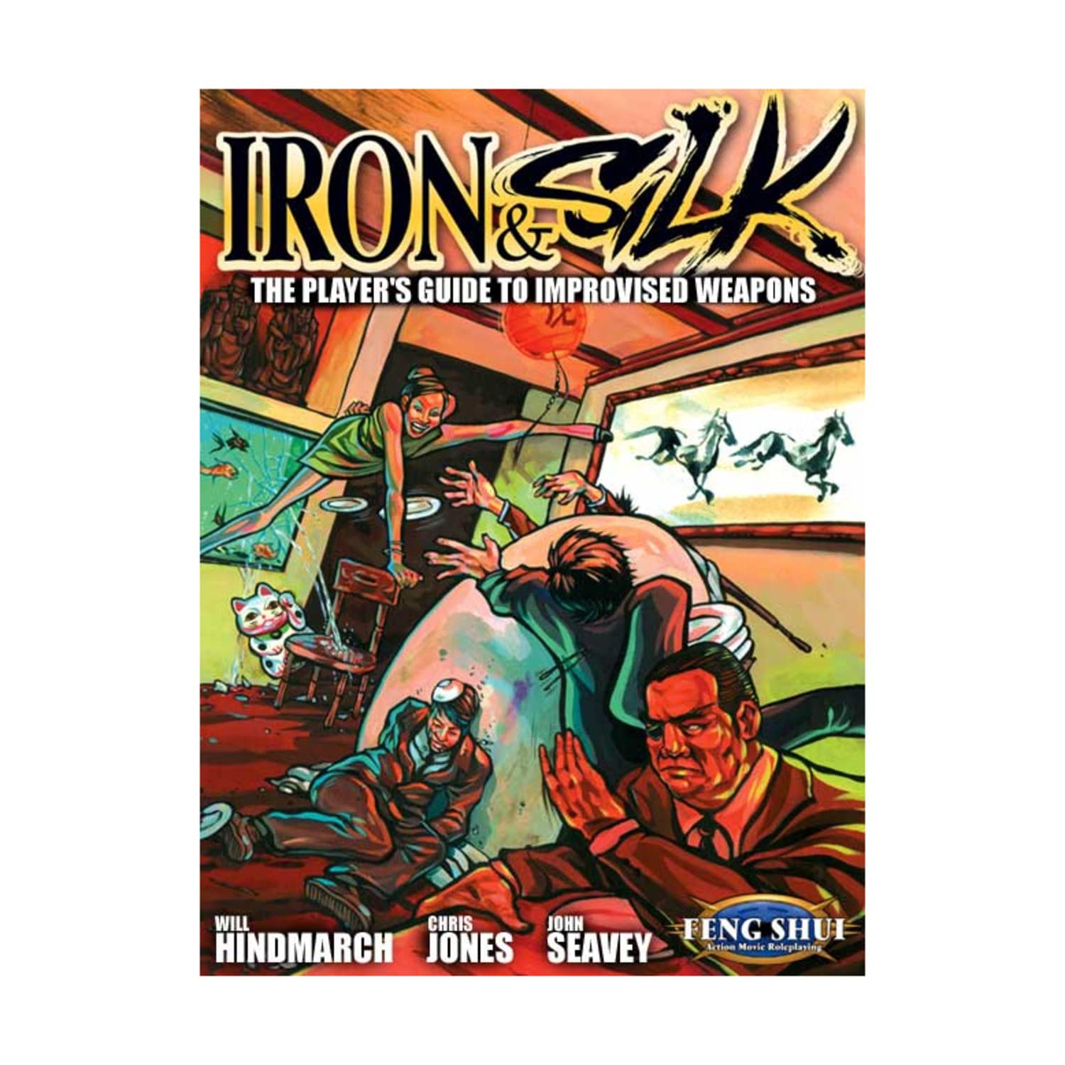 Cover for Iron & Silk. A woman in green kicks during a chaotic brawl in an Asian-themed room, with men reacting