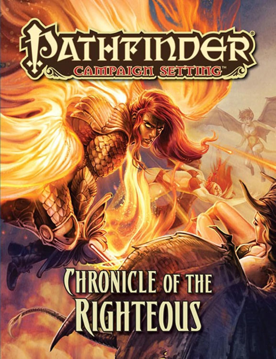 A fiery, winged warrior woman with red hair charges into battle against demonic foes