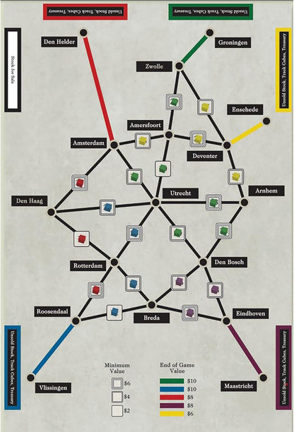 Detailed board game map of the Netherlands with cities and routes color-coded lines indicating end-of-game values for routes and minimum stock values listed