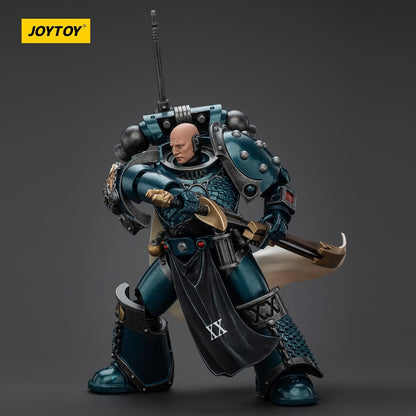 Alpha Legion Space Marine figure in teal armor with bald bionic head, holding a gold cleaver