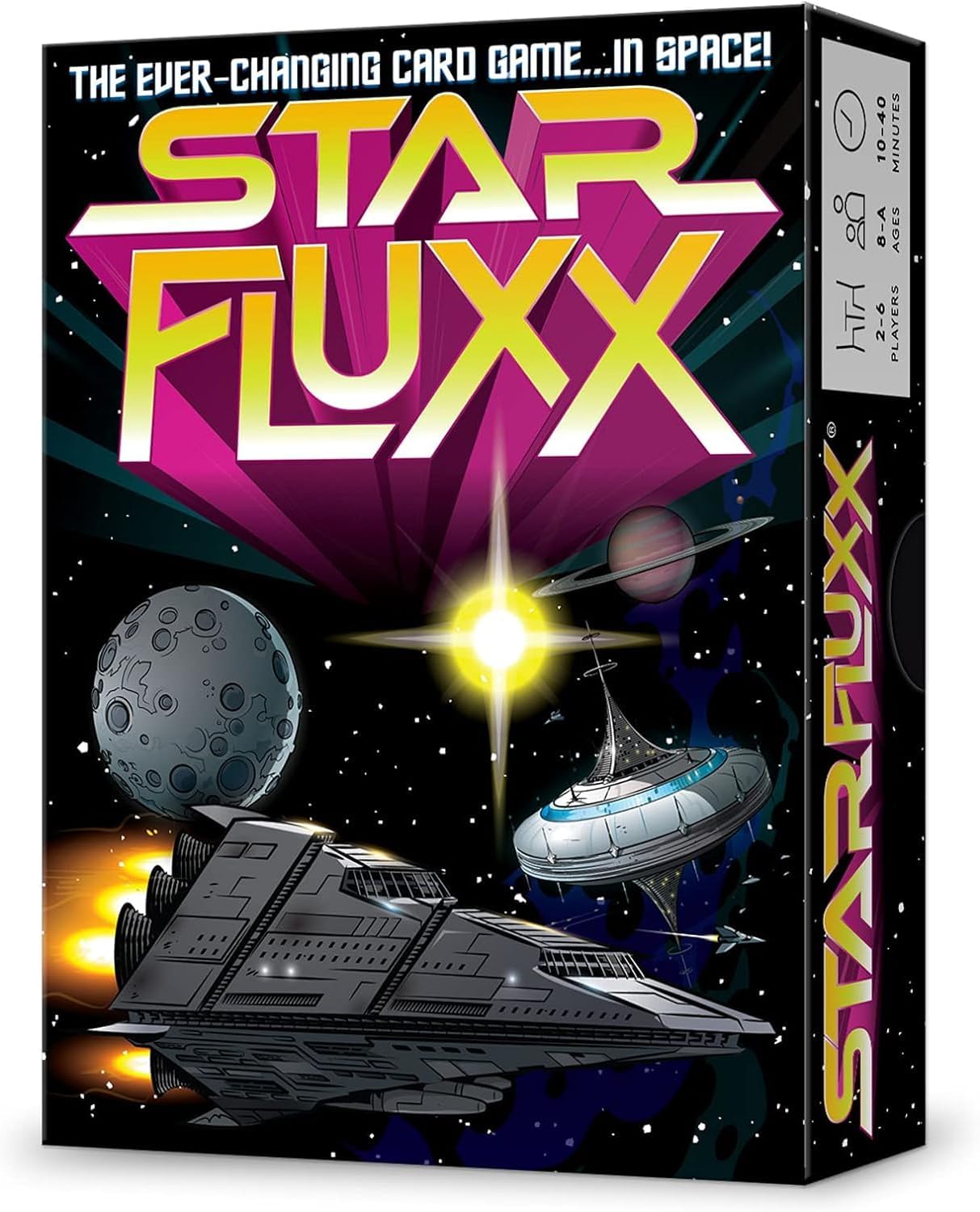 Star Fluxx card game box shows a spaceship flying through space, past planets, a bright star, and a futuristic station.