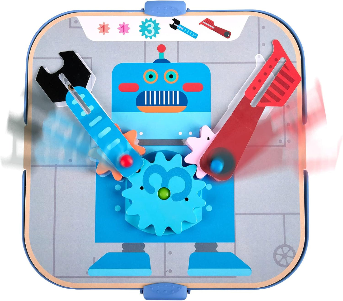 Blue robot busy board toy with levers turning interlocking gears