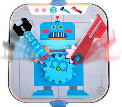 Blue robot busy board toy with levers turning interlocking gears