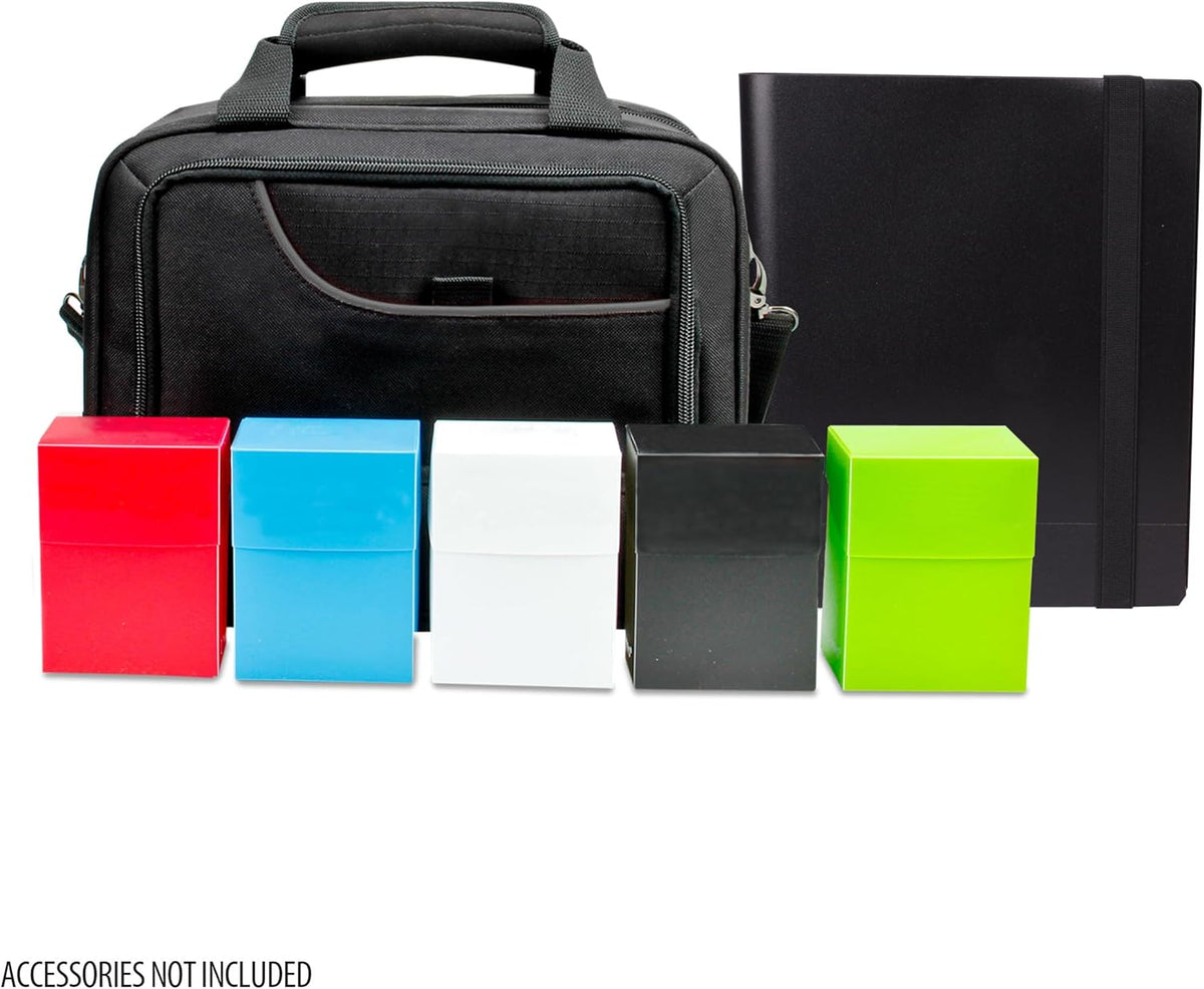 Five colorful deck boxes (red, blue, white, black, green) in front of a black carrying bag and binder