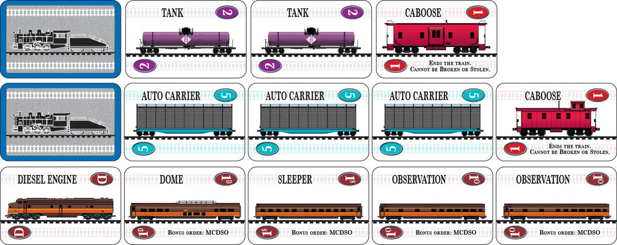 Express The Railroad Card Game set featuring various train car cards including two blue-framed locomotive cards purple tank cars auto carriers red cabooses and brown passenger cars