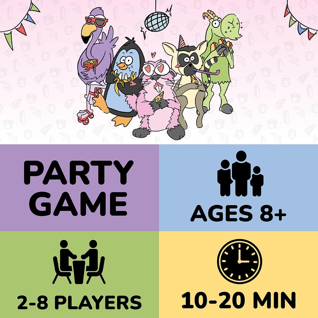 Colorful Party Game board game showcasing playtime of 10-20 minutes for 2-8 players, suitable for ages 8 with quirky cartoon animals dancing
