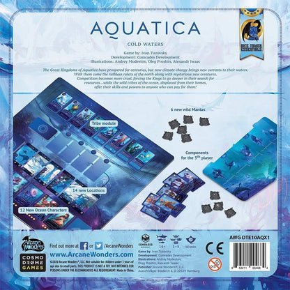 Back of Aquatica: Cold Waters game box, showing cards, boards, and tokens