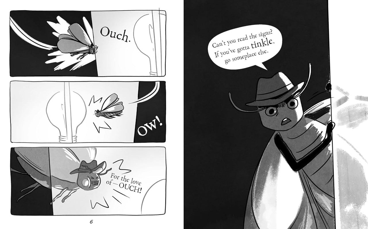 Comic page: A moth repeatedly hits a lightbulb, exclaiming "Ouch!", a fedora-wearing moth angrily asks, "Can't you read the signs?"