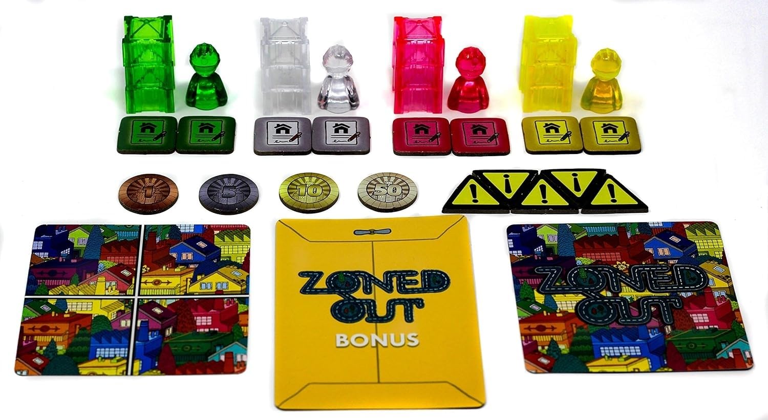 Colourful Zoned Out board game components: plastic meeples, towers, number tokens, exclamation marks, and cityscape tiles.