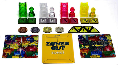 Colourful Zoned Out board game components: plastic meeples, towers, number tokens, exclamation marks, and cityscape tiles.