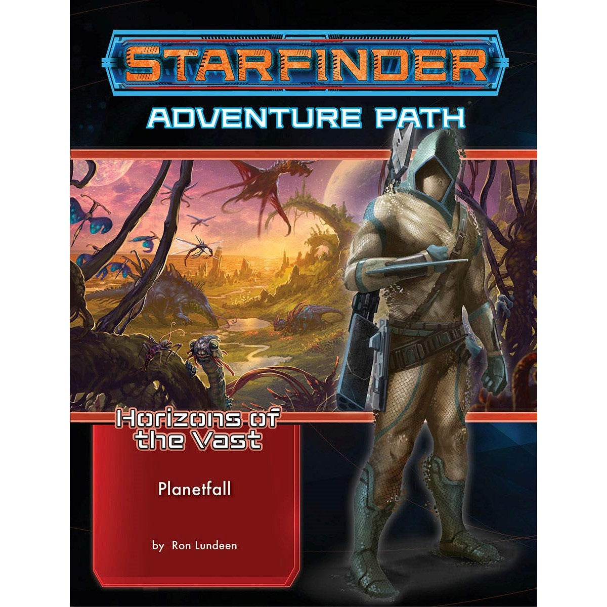 Starfinder cover: Hooded warrior in scaled armor with a blade and rifle, standing on a vibrant alien world