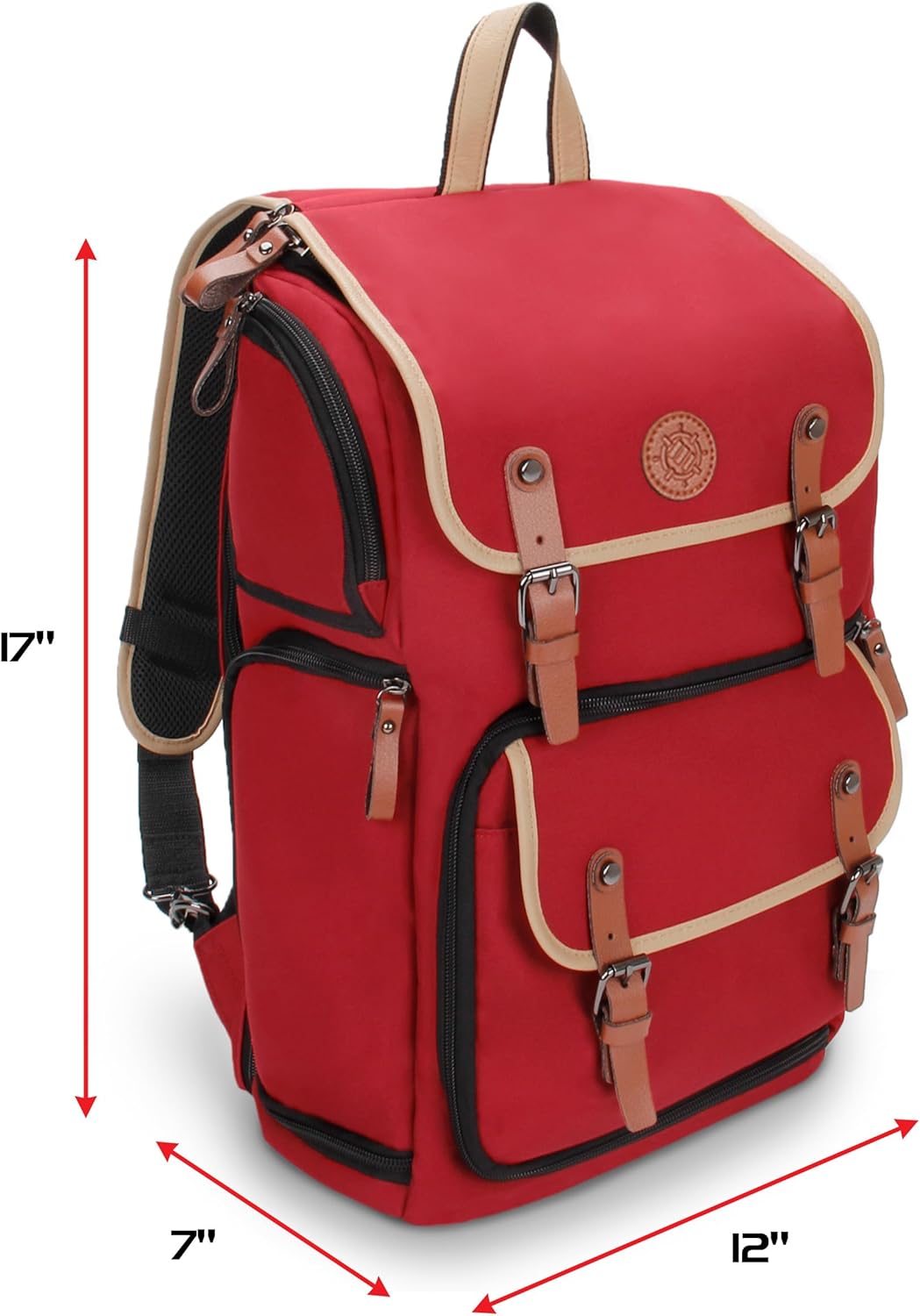 Red backpack with tan trim, brown leather buckle straps, and measurements: 17"H x 12"W x 7"D.