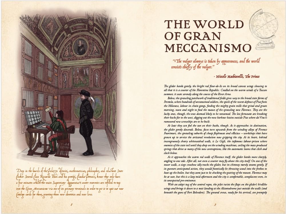 Illustrated page from 'Gran Meccanismo': Two period figures; one operates a complex console in ornate room