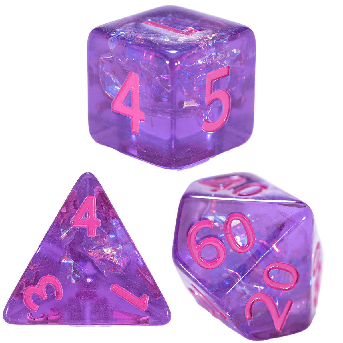 Three translucent purple polyhedral dice with pink numbers and iridescent flecks, on a white background