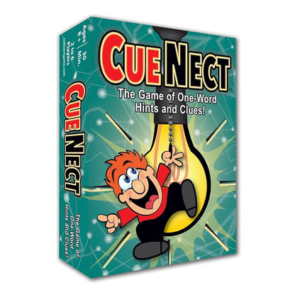 CUE NECT game box: Cartoon character inside a glowing lightbulb, illustrating "The Game of One-Word Hints and Clues"