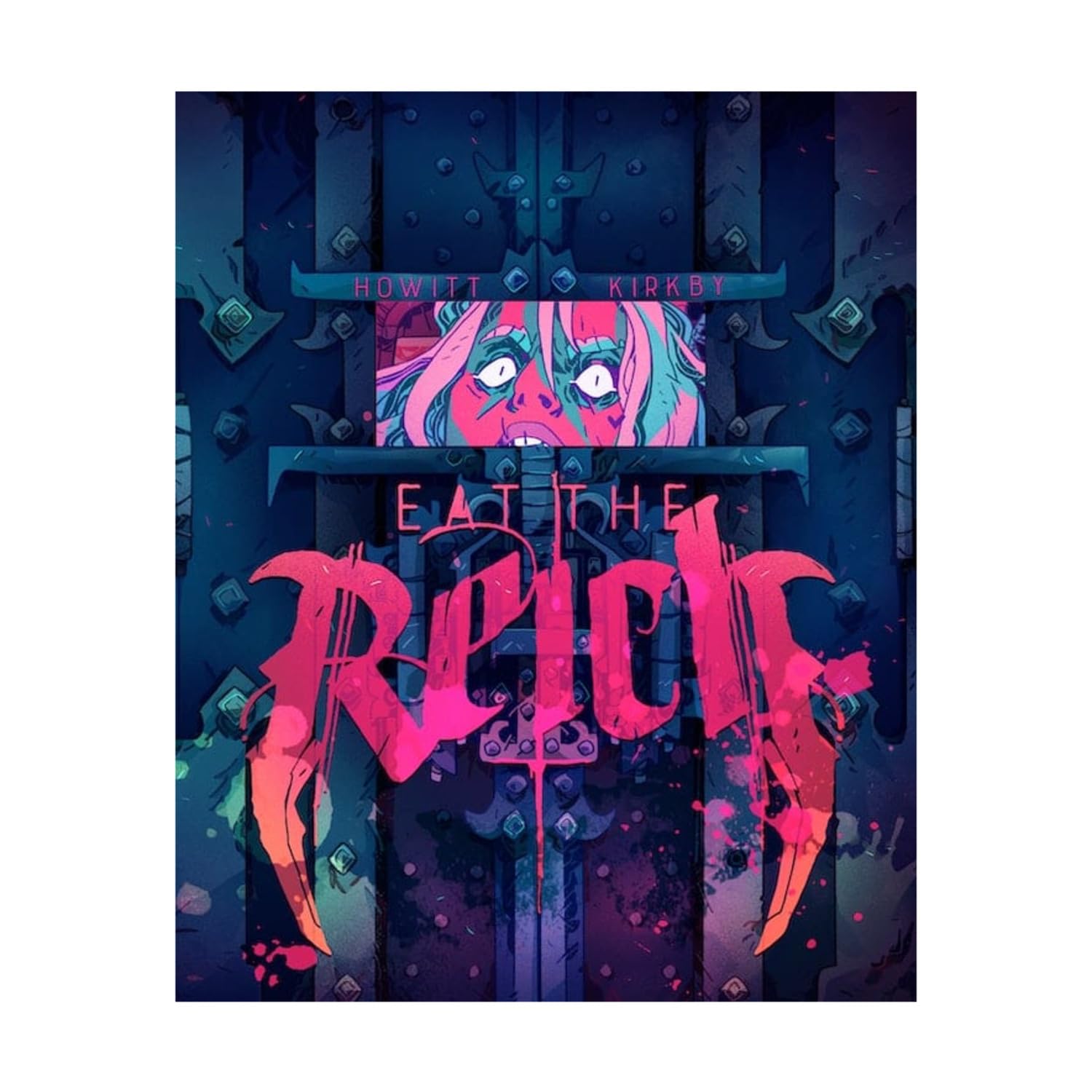 Cover art for "Eat the Reich": Neon pink title over a distressed face peering out of a dark, bolted gate